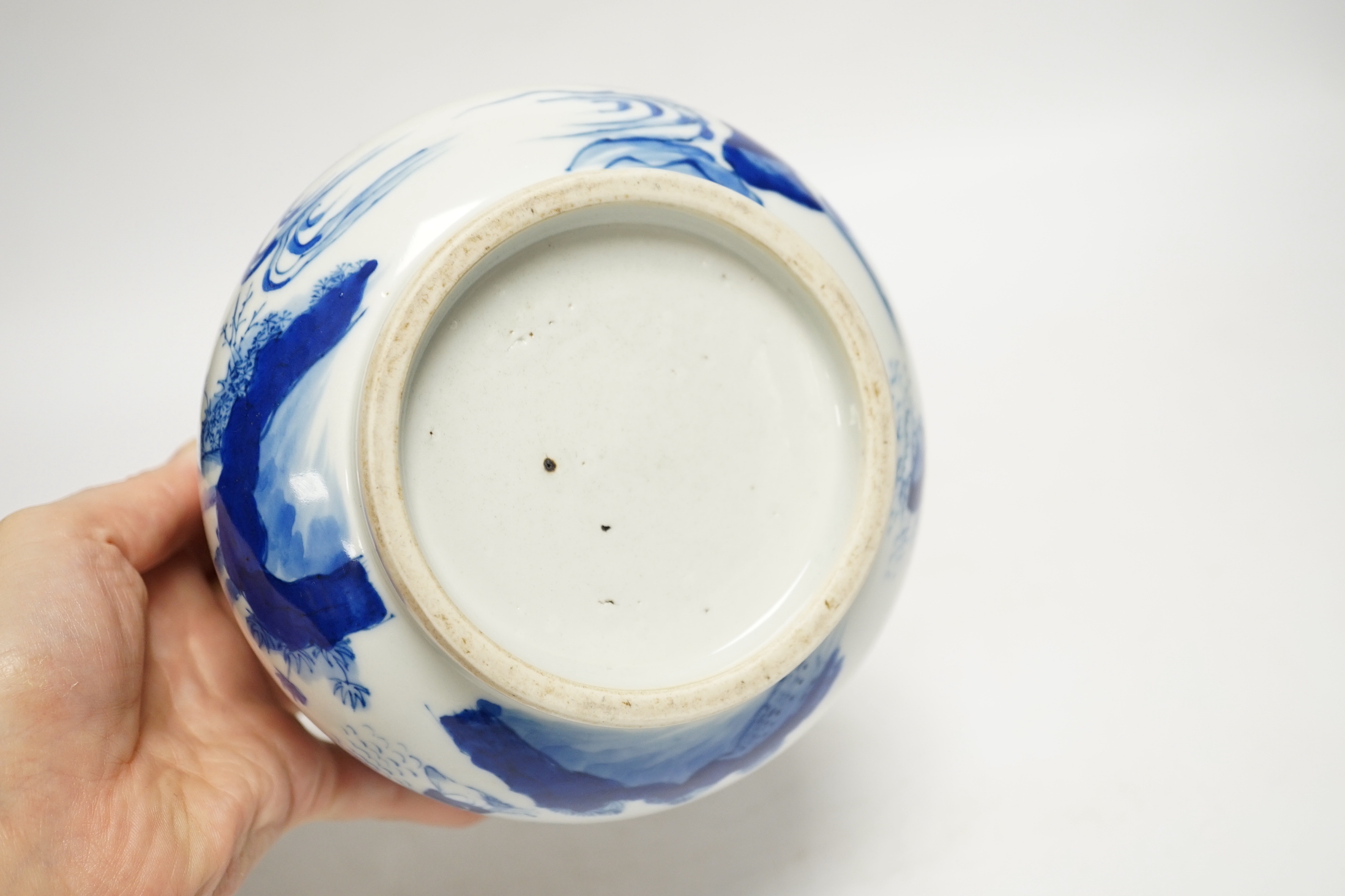A Chinese blue and white figurative 'boys' bowl, 11cm high